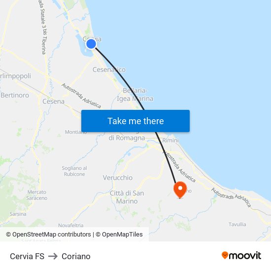 Cervia FS to Coriano map