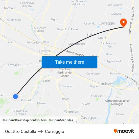 Quattro Castella to Correggio map