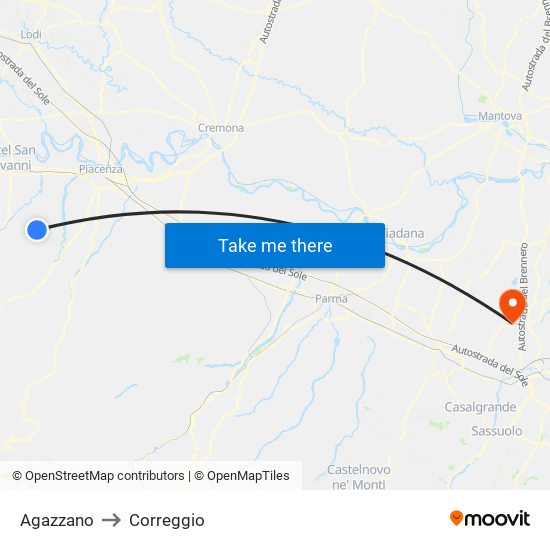 Agazzano to Correggio map