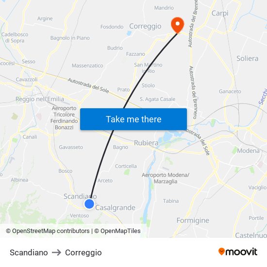 Scandiano to Correggio map