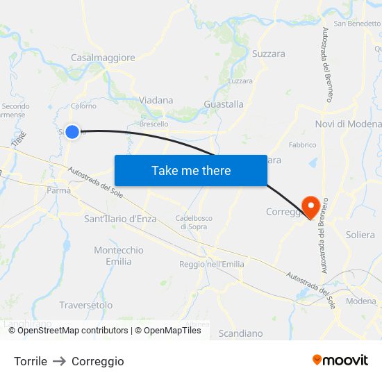 Torrile to Correggio map