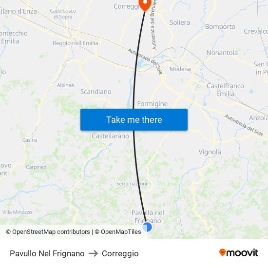 Pavullo Nel Frignano to Correggio map