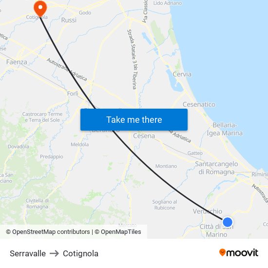 Serravalle to Cotignola map