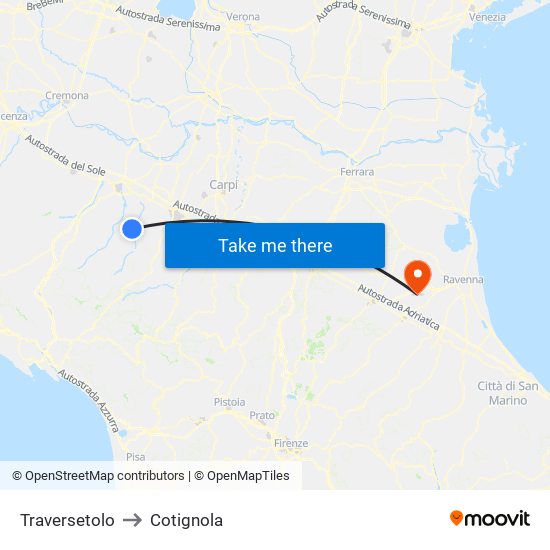 Traversetolo to Cotignola map