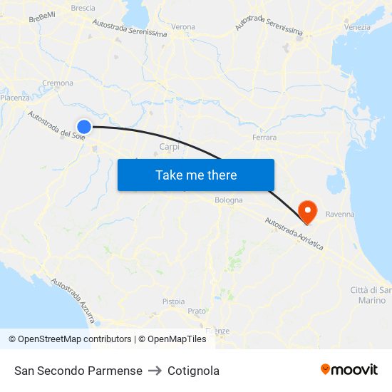 San Secondo Parmense to Cotignola map