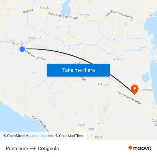 Pontenure to Cotignola map