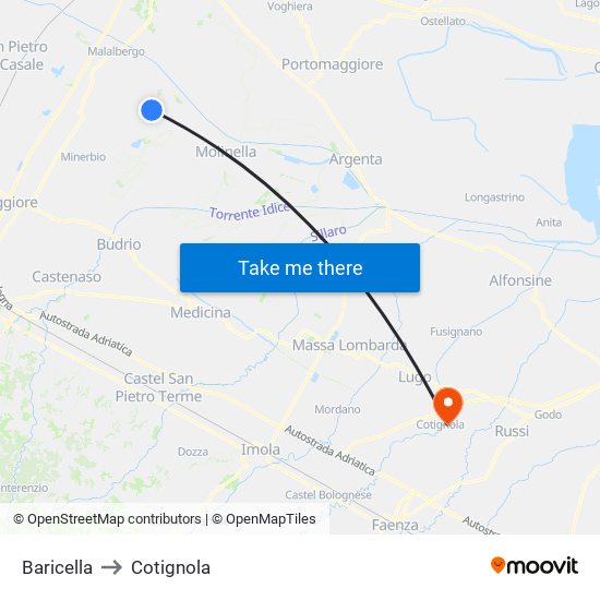 Baricella to Cotignola map