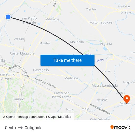 Cento to Cotignola map