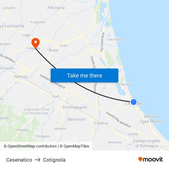 Cesenatico to Cotignola map