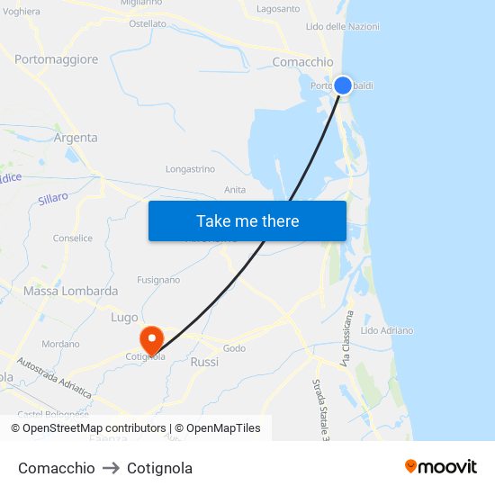 Comacchio to Cotignola map