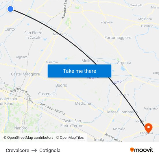 Crevalcore to Cotignola map