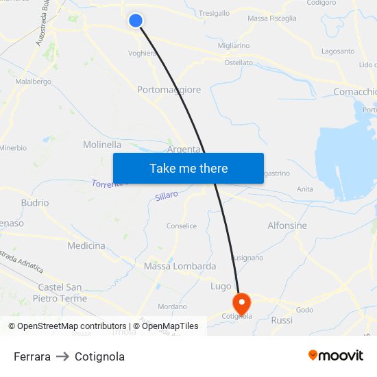 Ferrara to Cotignola map