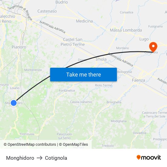 Monghidoro to Cotignola map
