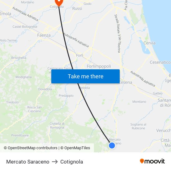 Mercato Saraceno to Cotignola map