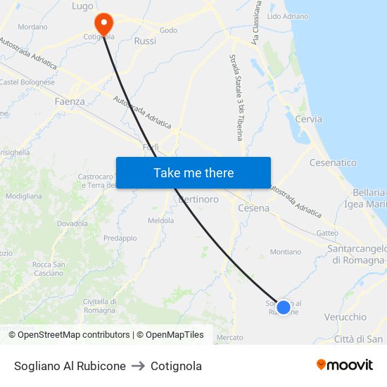 Sogliano Al Rubicone to Cotignola map