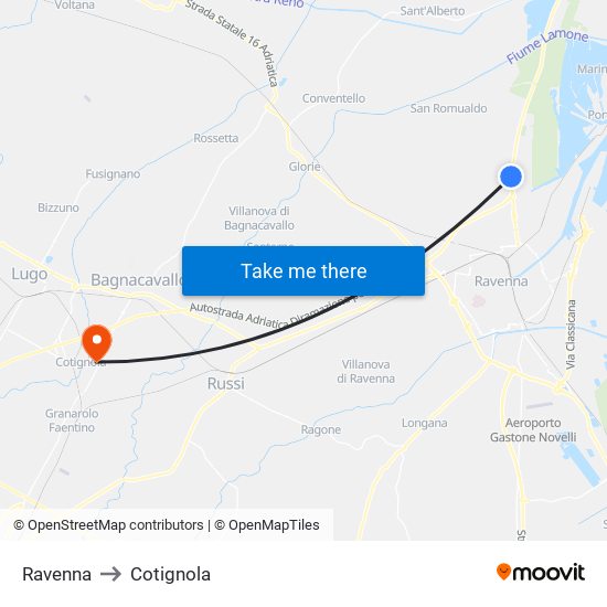 Ravenna to Cotignola map