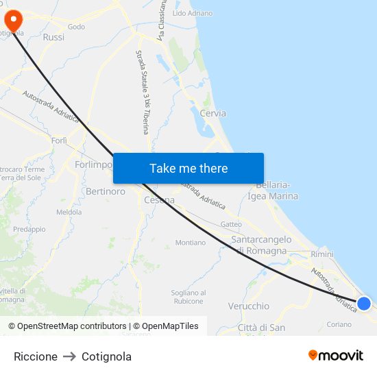 Riccione to Cotignola map