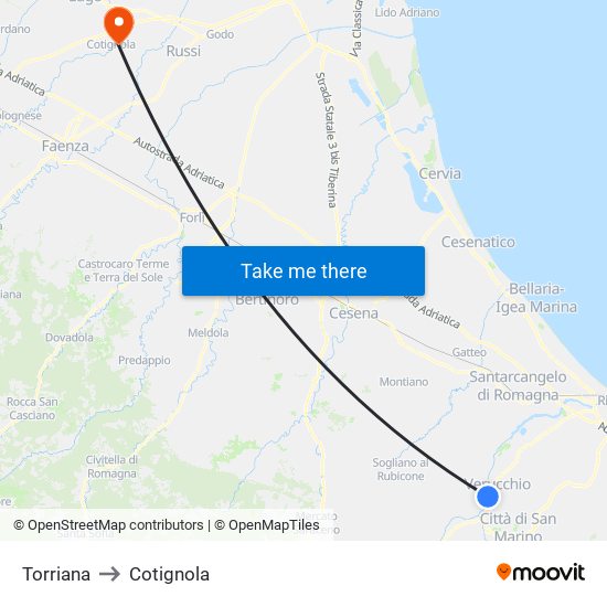 Torriana to Cotignola map
