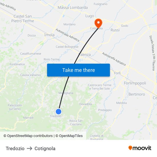Tredozio to Cotignola map
