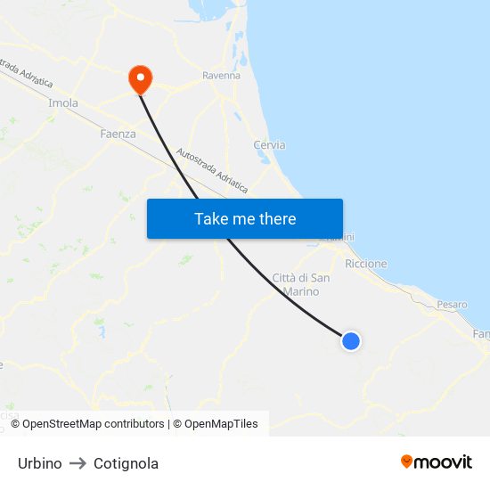 Urbino to Cotignola map