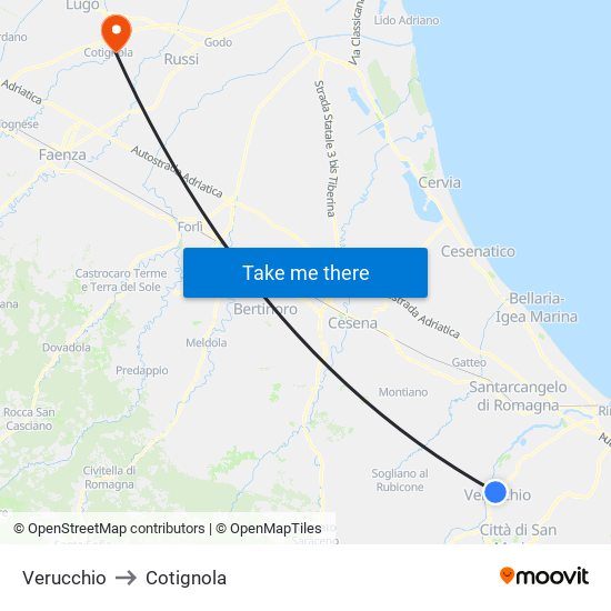 Verucchio to Cotignola map