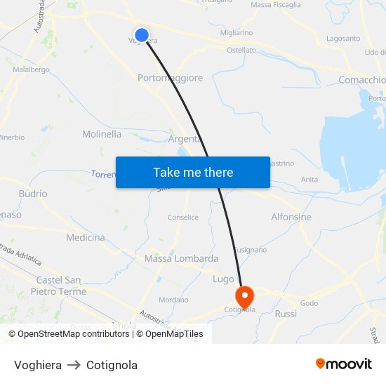 Voghiera to Cotignola map