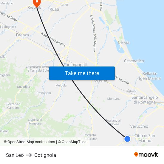 San Leo to Cotignola map