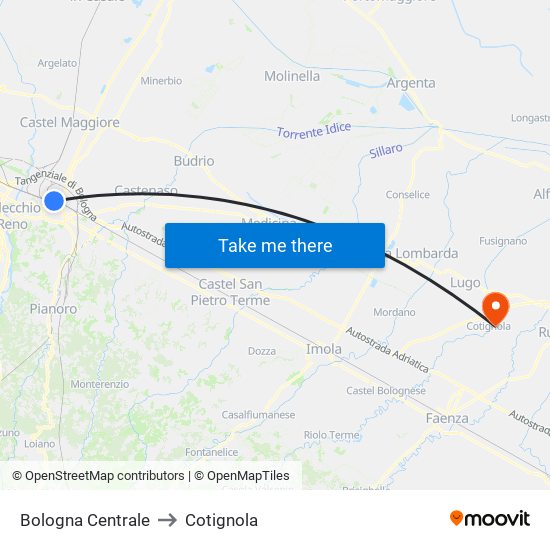 Bologna Centrale to Cotignola map