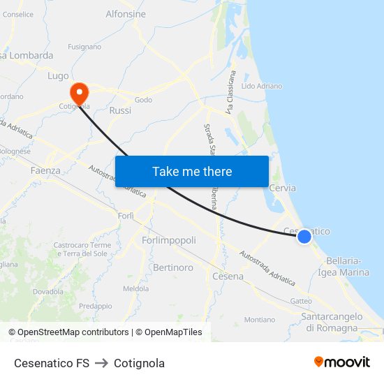 Cesenatico FS to Cotignola map