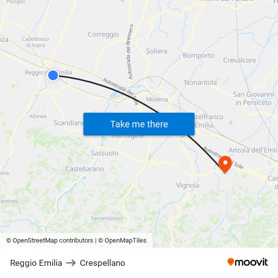 Reggio Emilia to Crespellano map