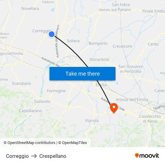 Correggio to Crespellano map