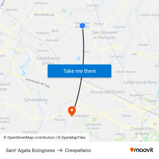 Sant' Agata Bolognese to Crespellano map