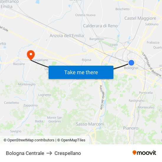 Bologna Centrale to Crespellano map