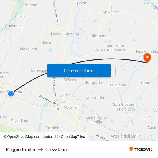 Reggio Emilia to Crevalcore map