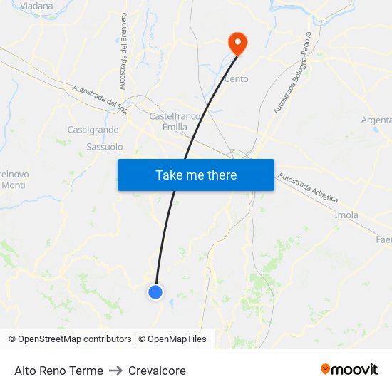 Alto Reno Terme to Crevalcore map