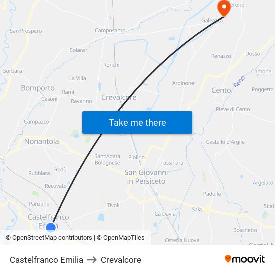 Castelfranco Emilia to Crevalcore map