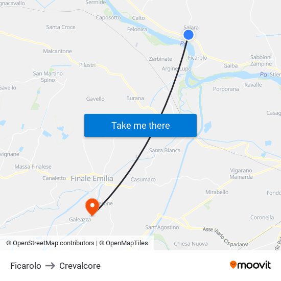 Ficarolo to Crevalcore map