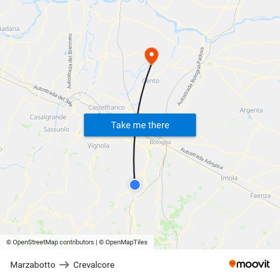Marzabotto to Crevalcore map