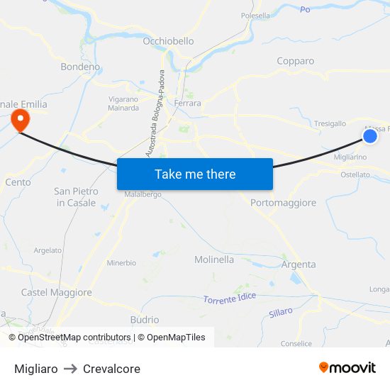 Migliaro to Crevalcore map