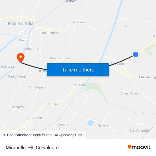 Mirabello to Crevalcore map