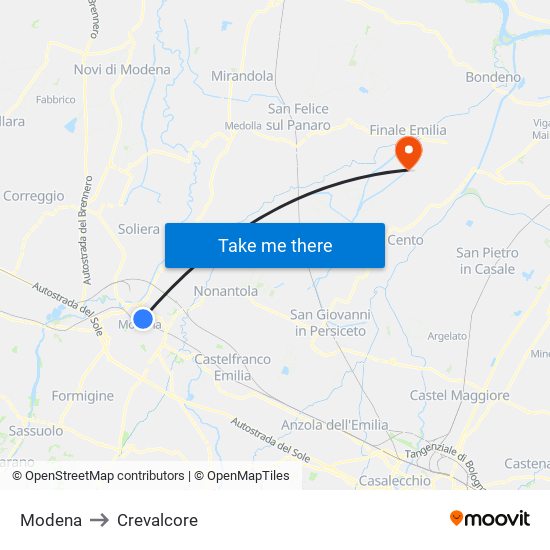 Modena to Crevalcore map