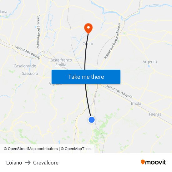 Loiano to Crevalcore map
