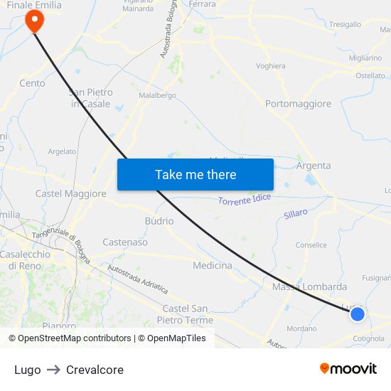 Lugo to Crevalcore map