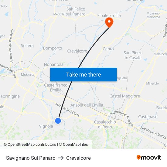 Savignano Sul Panaro to Crevalcore map