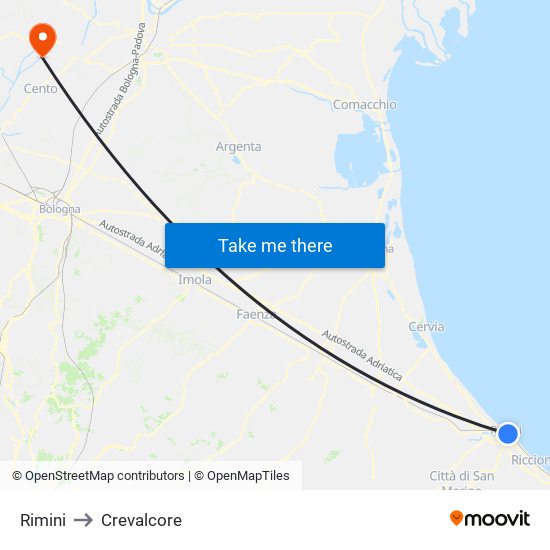 Rimini to Crevalcore map