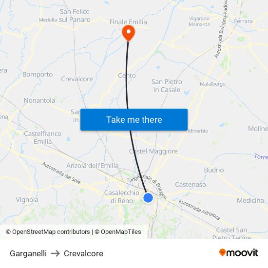 Garganelli to Crevalcore map