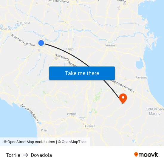 Torrile to Dovadola map