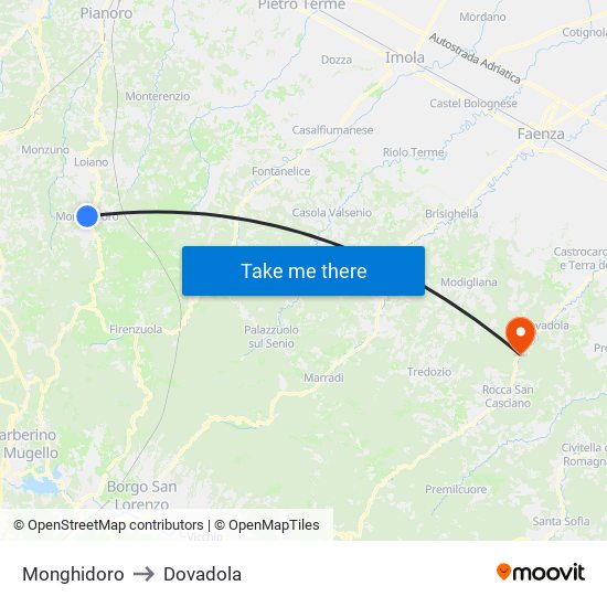 Monghidoro to Dovadola map