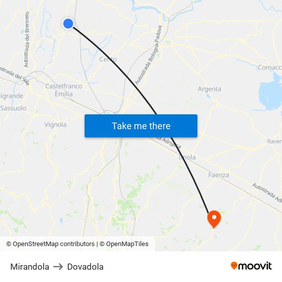 Mirandola to Dovadola map