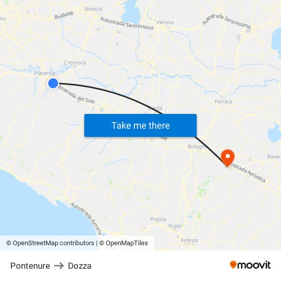 Pontenure to Dozza map